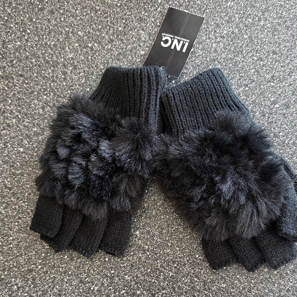 INC Black Knit Fingerless Gloves with Faux Fur